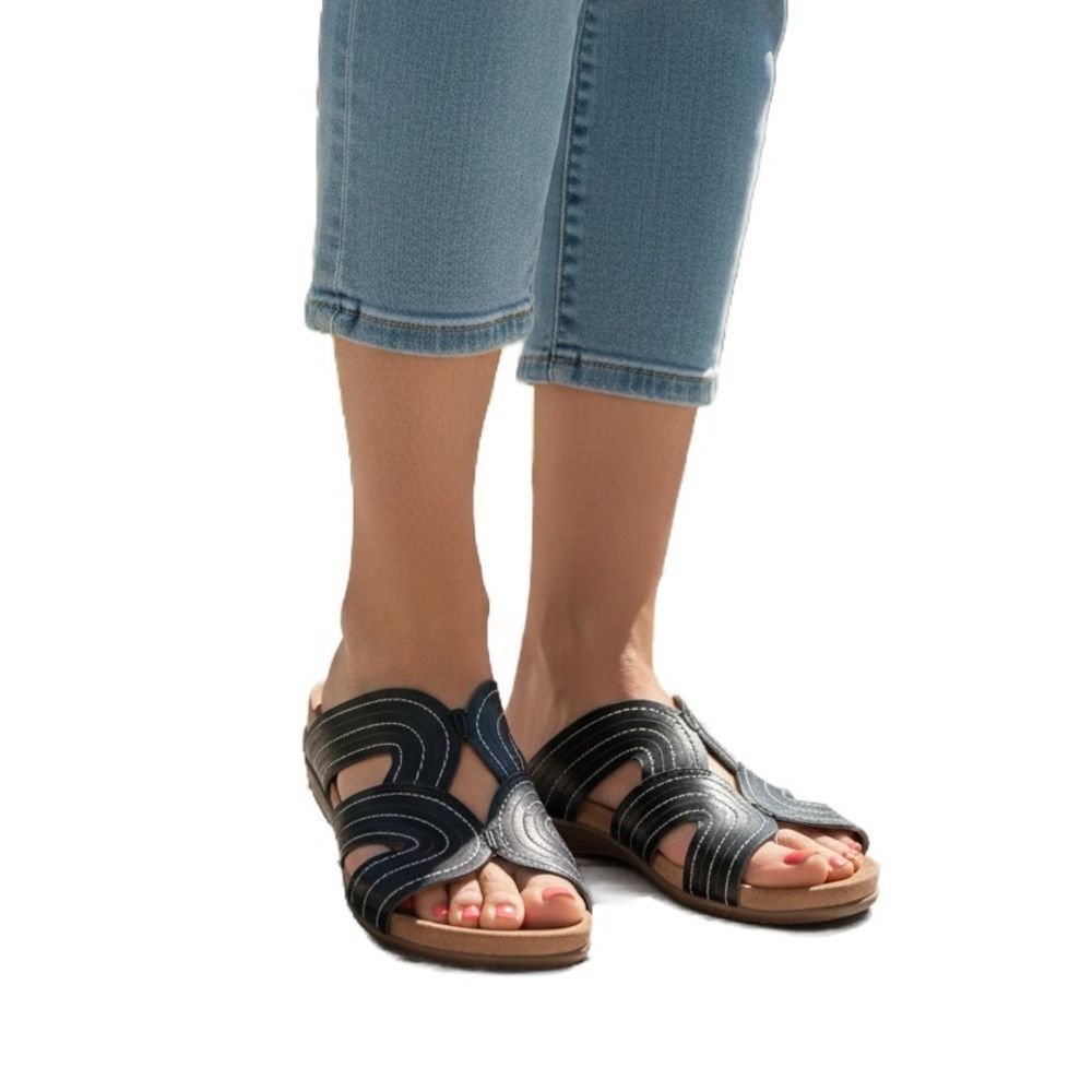 Vionic Black Leather Open Toe Wedge Sandals